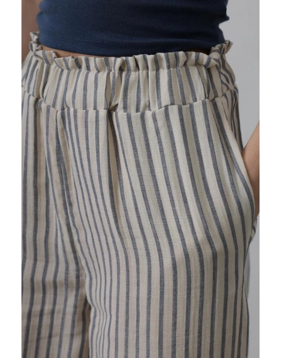 Çizgili Pamuklu astikli Pantolon  Bejacivert