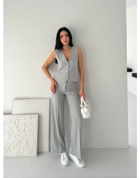 Çizgili Tansel Kumaş Yelek Pantolon İkili Takım Ofis Şık odern  Gri