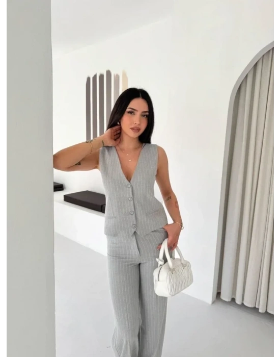 Çizgili Tansel Kumaş Yelek Pantolon İkili Takım Ofis Şık odern  Gri