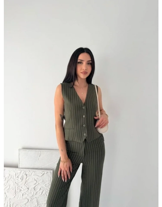 Çizgili Tansel Kumaş Yelek Pantolon İkili Takım Ofis Şık odern  Haki