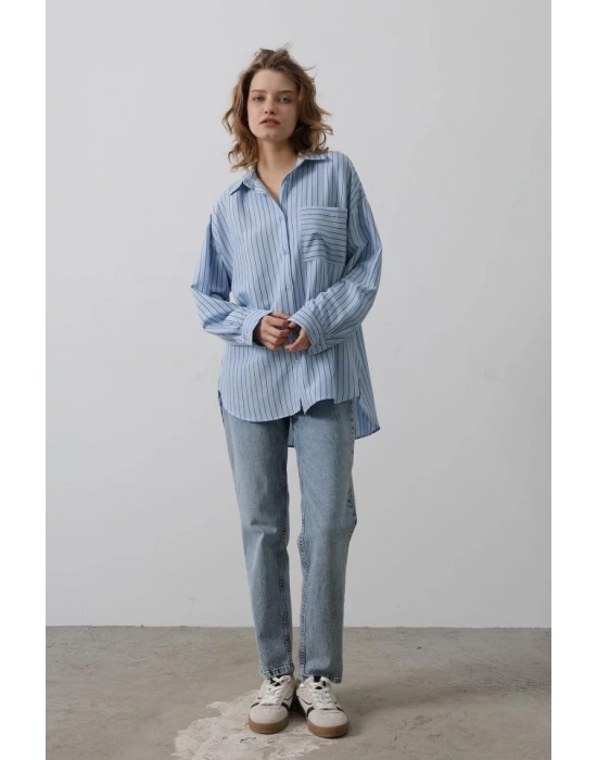 Çizgili Tek Cep Gömlek  Bebe Mavisi