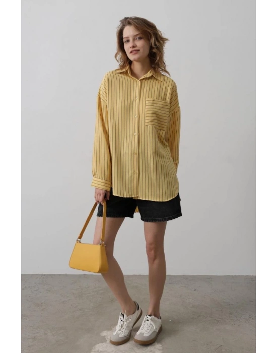 Çizgili Tek Cep Gömlek  Sarı