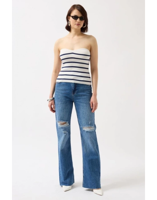 Çizgili traplez Dokulu Bluz