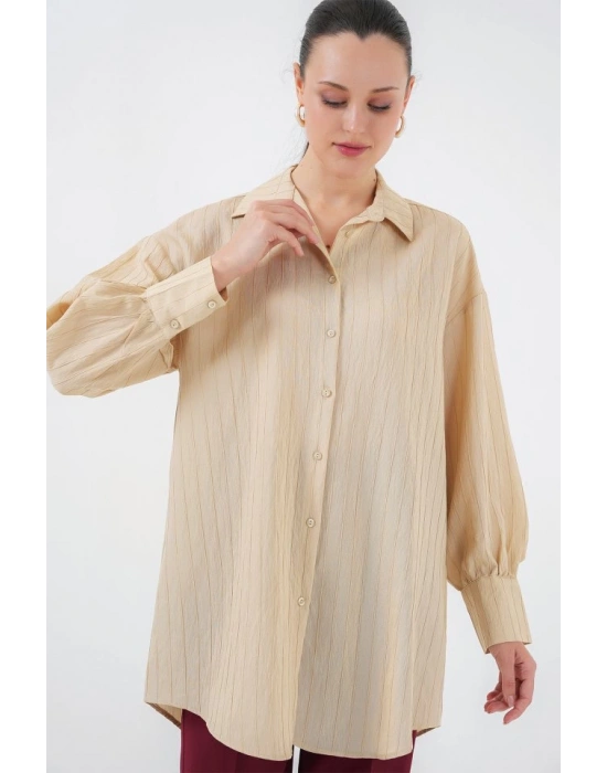 Çizgili Uzun Gömlek Tunik 5963  Bej