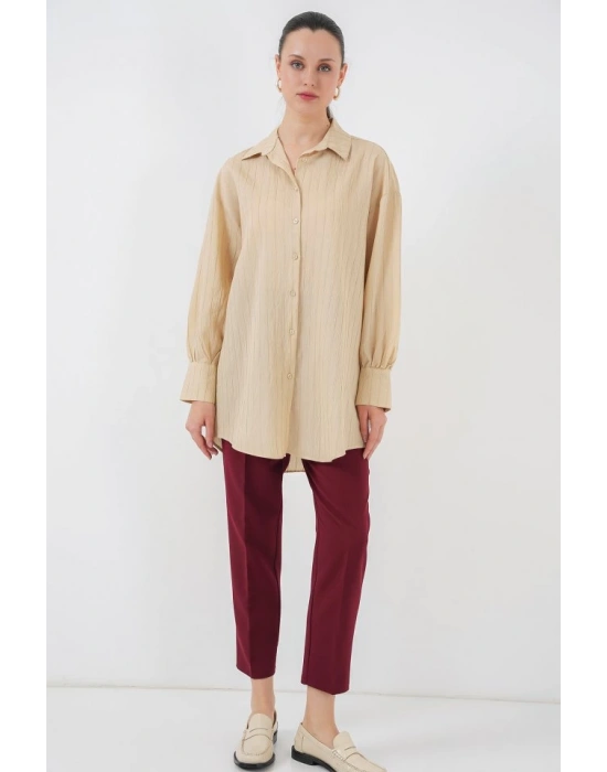 Çizgili Uzun Gömlek Tunik 5963  Bej