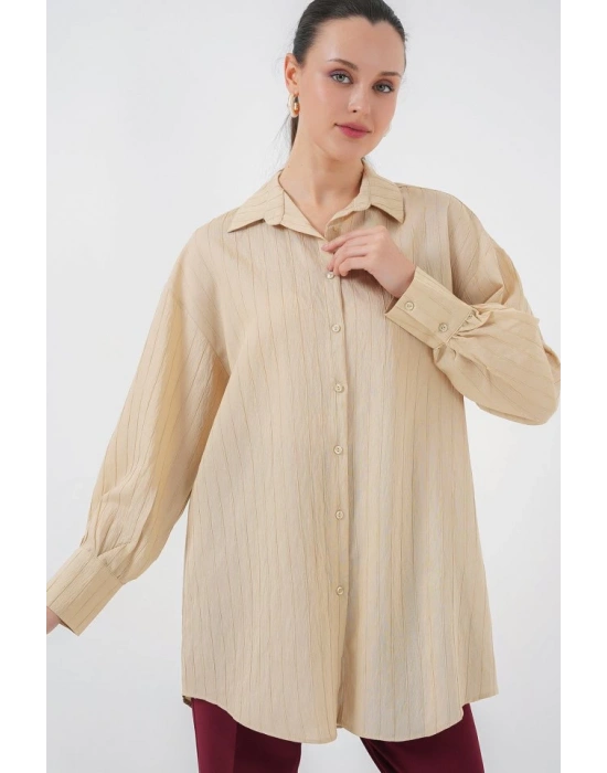 Çizgili Uzun Gömlek Tunik 5963  Bej