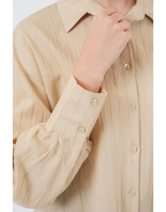 Çizgili Uzun Gömlek Tunik 5963  Bej