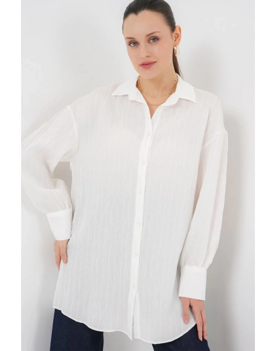 Çizgili Uzun Gömlek Tunik 5963  Beyaz