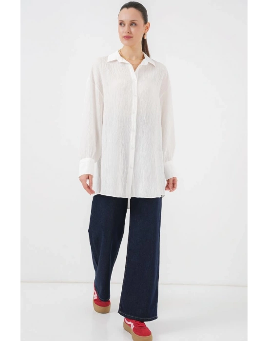 Çizgili Uzun Gömlek Tunik 5963  Beyaz