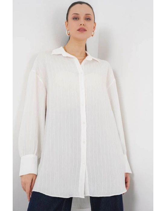 Çizgili Uzun Gömlek Tunik 5963  Beyaz