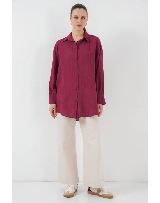 Çizgili Uzun Gömlek Tunik 5963  Bordo