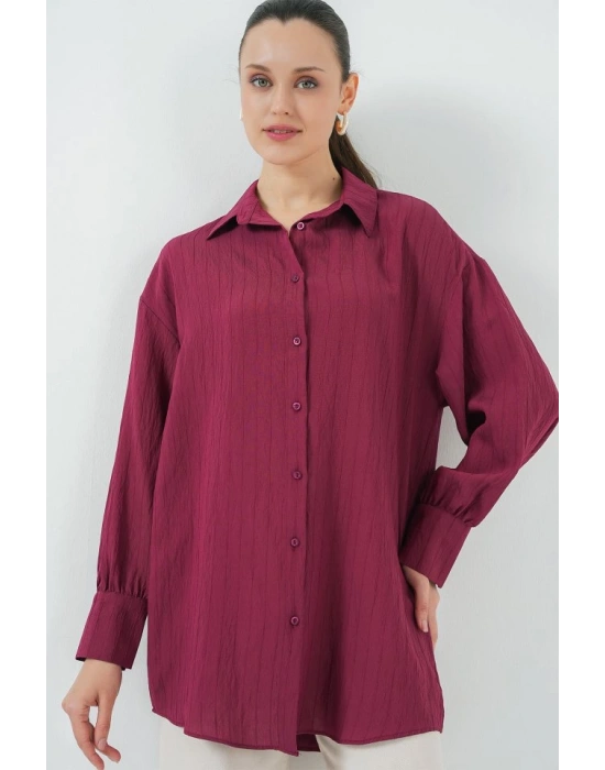 Çizgili Uzun Gömlek Tunik 5963  Bordo
