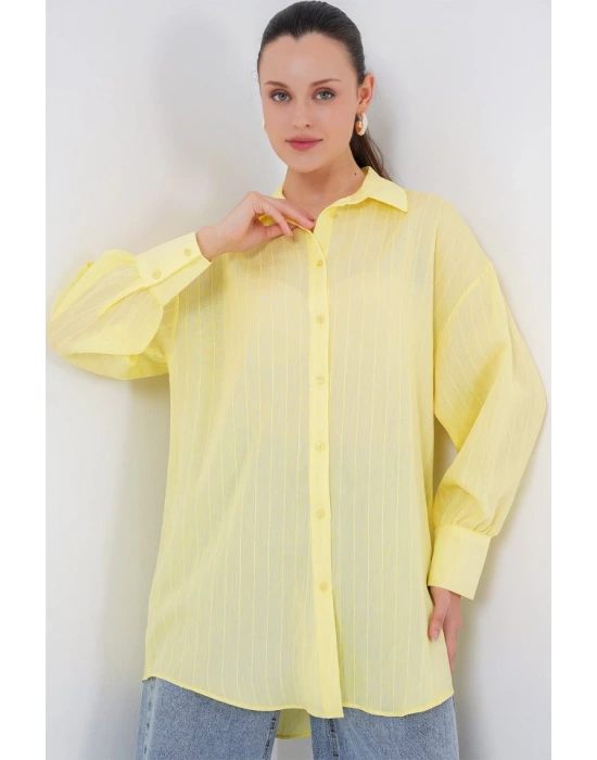 Çizgili Uzun Gömlek Tunik 5963  Sarı