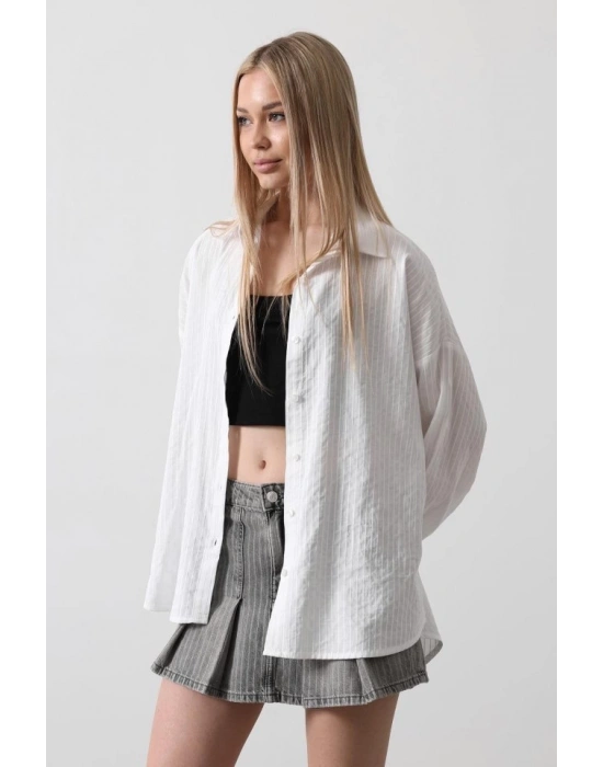 Çizgili Uzun Kol Gömlek  Beyaz