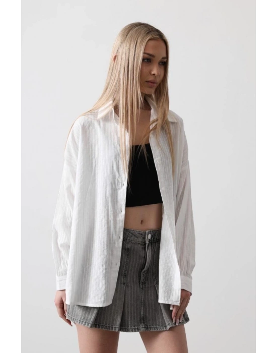 Çizgili Uzun Kol Gömlek  Beyaz
