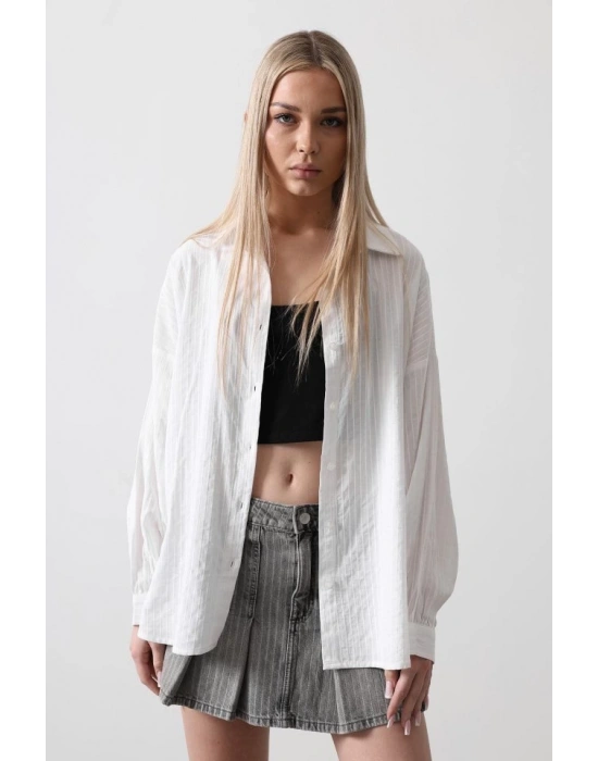 Çizgili Uzun Kol Gömlek  Beyaz