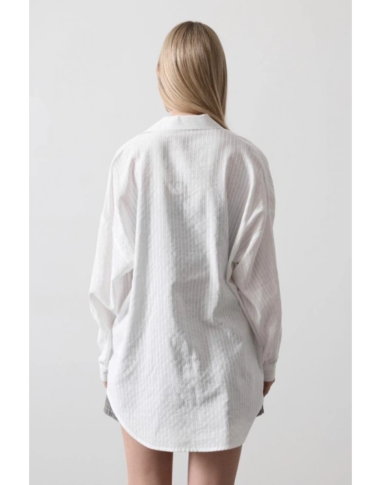 Çizgili Uzun Kol Gömlek  Beyaz