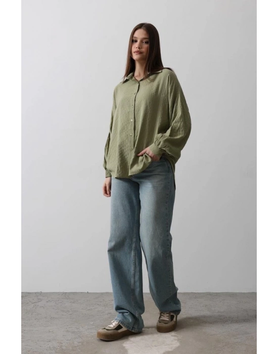 Çizgili Uzun Kol Gömlek  Haki