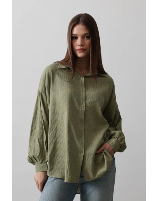 Çizgili Uzun Kol Gömlek  Haki