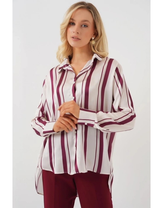 Çizgili Uzun Saten Gömlek 20291  Bordo