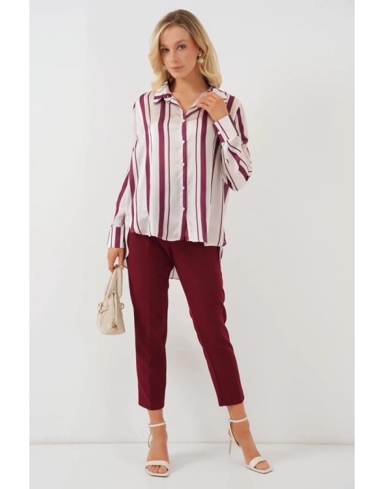 Çizgili Uzun Saten Gömlek 20291  Bordo