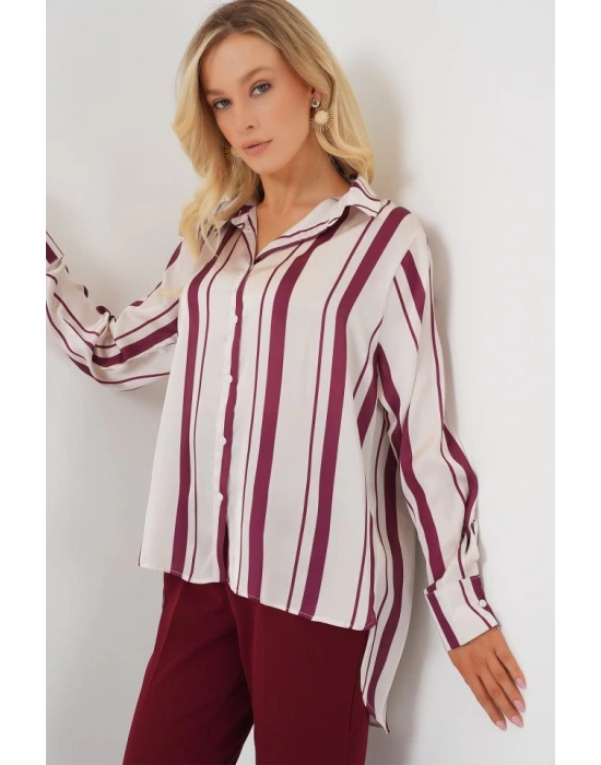Çizgili Uzun Saten Gömlek 20291  Bordo