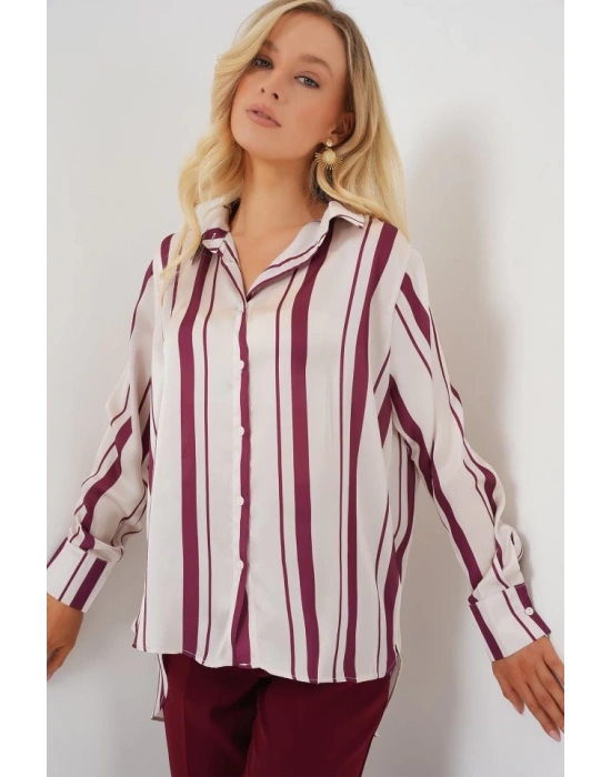 Çizgili Uzun Saten Gömlek 20291  Bordo