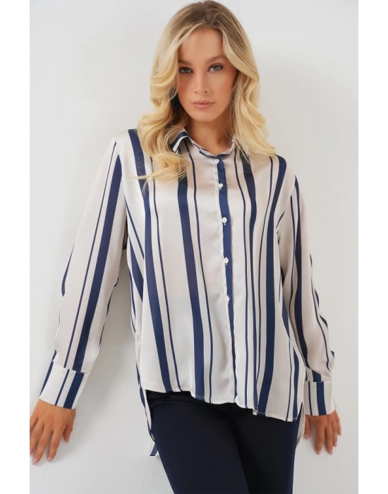 Çizgili Uzun Saten Gömlek 20291  Lacivert