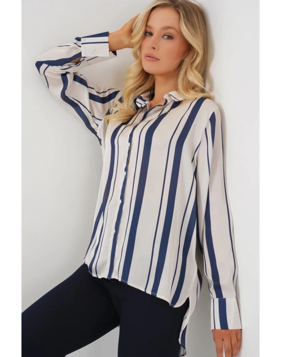 Çizgili Uzun Saten Gömlek 20291  Lacivert