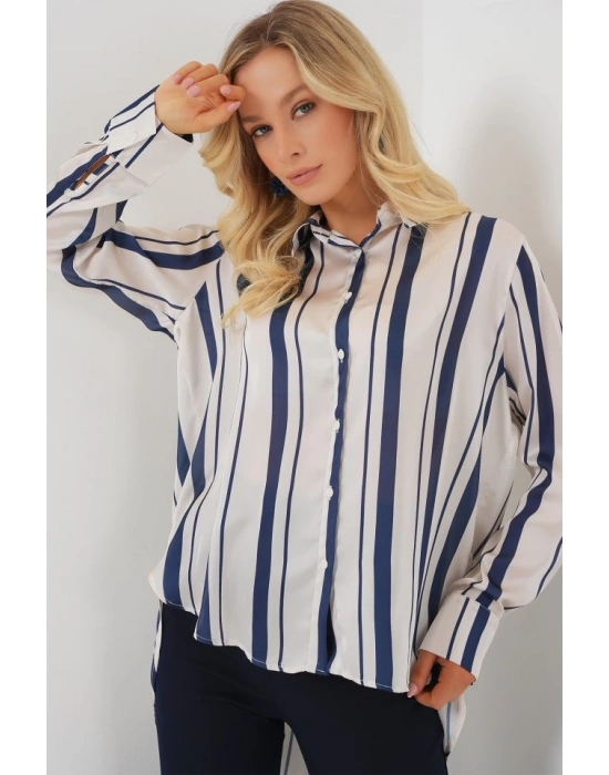 Çizgili Uzun Saten Gömlek 20291  Lacivert