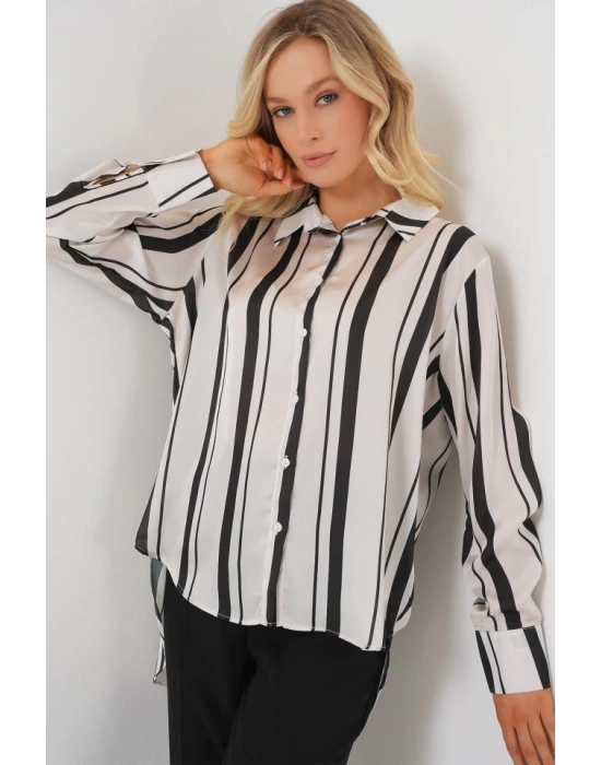 Çizgili Uzun Saten Gömlek 20291  Siyah