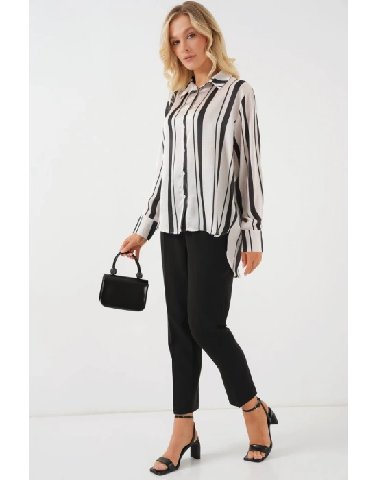 Çizgili Uzun Saten Gömlek 20291  Siyah