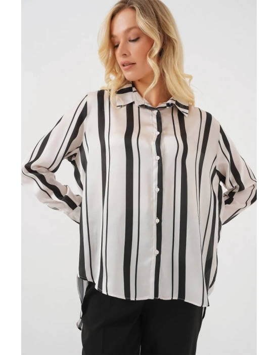 Çizgili Uzun Saten Gömlek 20291  Siyah