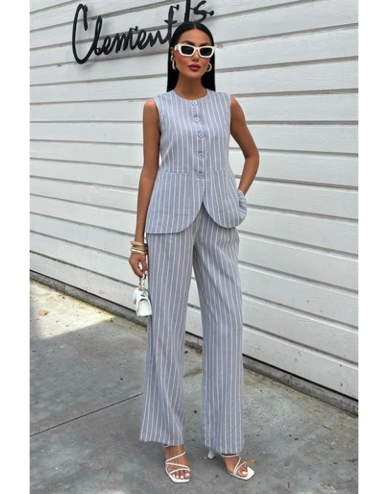 Çizgili Viscon Keten Yelekli Rahat Takım 10121