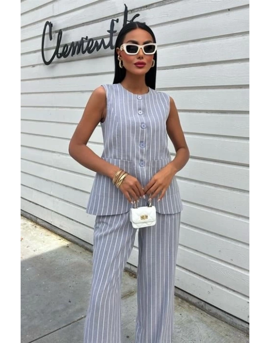 Çizgili Viscon Keten Yelekli Rahat Takım 10121