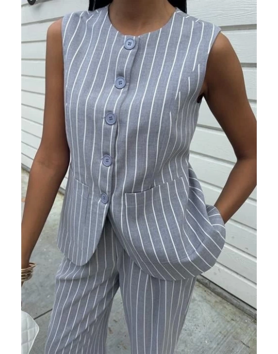 Çizgili Viscon Keten Yelekli Rahat Takım 10121