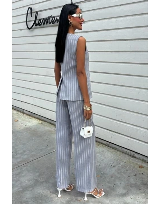 Çizgili Viscon Keten Yelekli Rahat Takım 10121