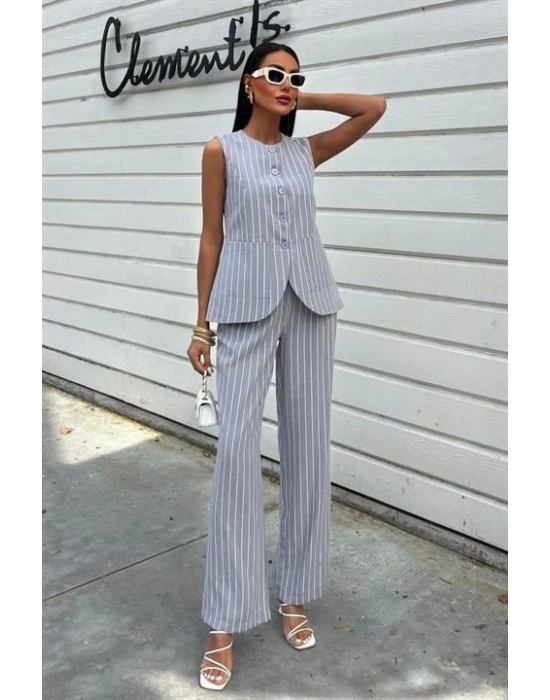 Çizgili Viscon Keten Yelekli Rahat Takım 10121