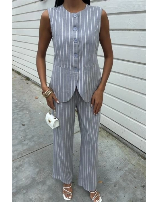 Çizgili Viscon Keten Yelekli Rahat Takım 10121