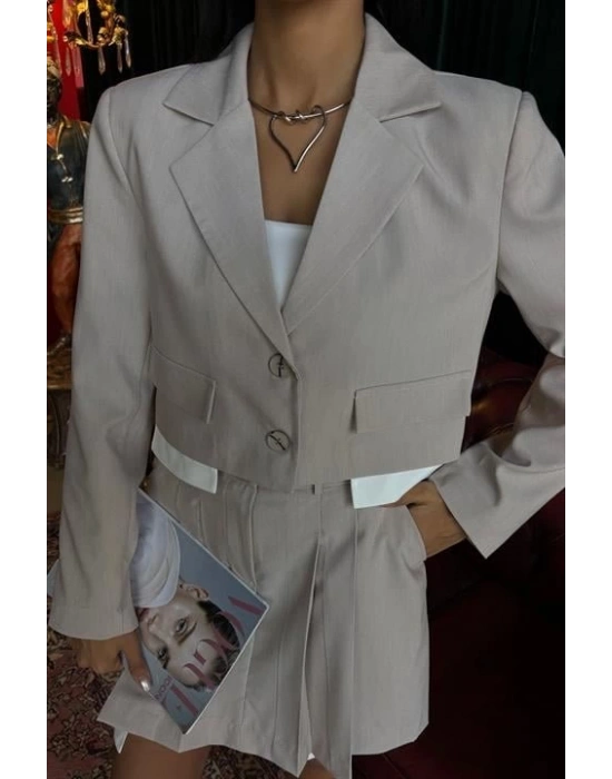 Crop Ceketli Ve Pile Etekli Garnili Takım 10111