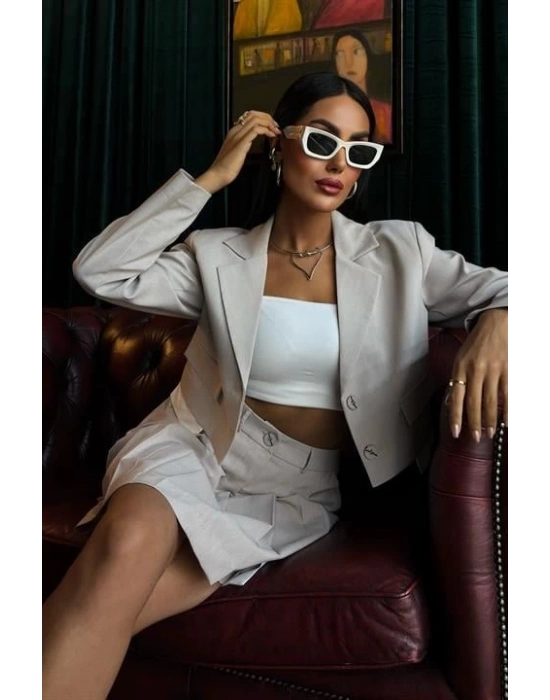 Crop Ceketli Ve Pile Etekli Garnili Takım 10111