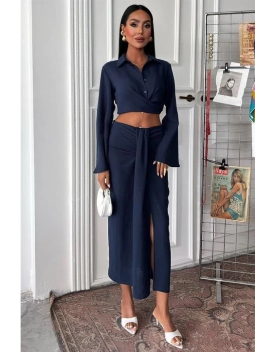 Crop Gömlekli Ve Eteği Büzgülü Tasarım Takım 10195