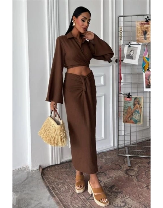 Crop Gömlekli Ve Eteği Büzgülü Tasarım Takım 10195