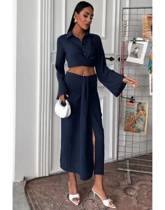 Crop Gömlekli Ve Eteği Büzgülü Tasarım Takım 10195