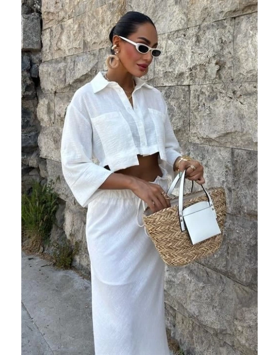 Crop Gömlekli Ve Eteği Büzgülü Tasarım Takım 10201