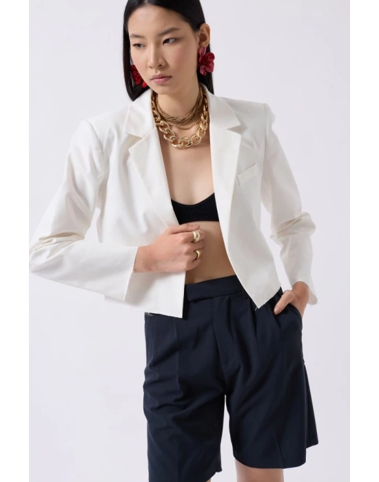 Crop Keten Blazer Ceket