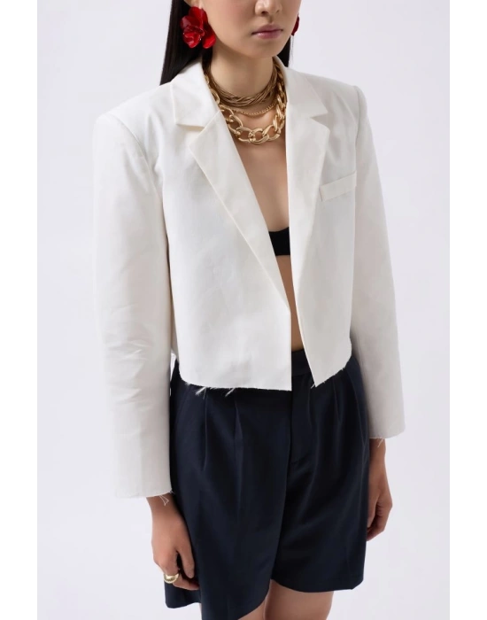 Crop Keten Blazer Ceket