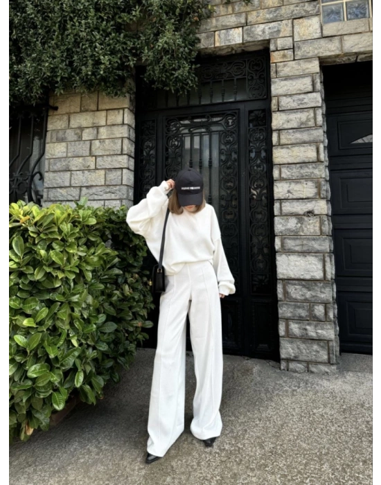 Crop, Pantolon Fitilli İkili Takım Beyaz