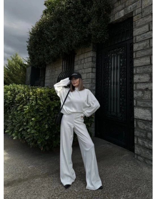 Crop, Pantolon Fitilli İkili Takım Beyaz