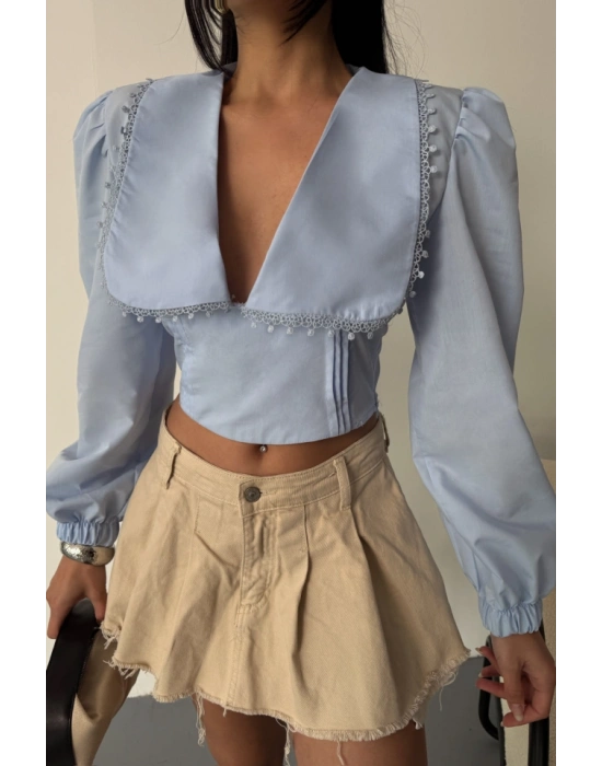 CROP POPİN GÖMEK YAKA KENAR DANTE DETAYI  Bebe Mavi